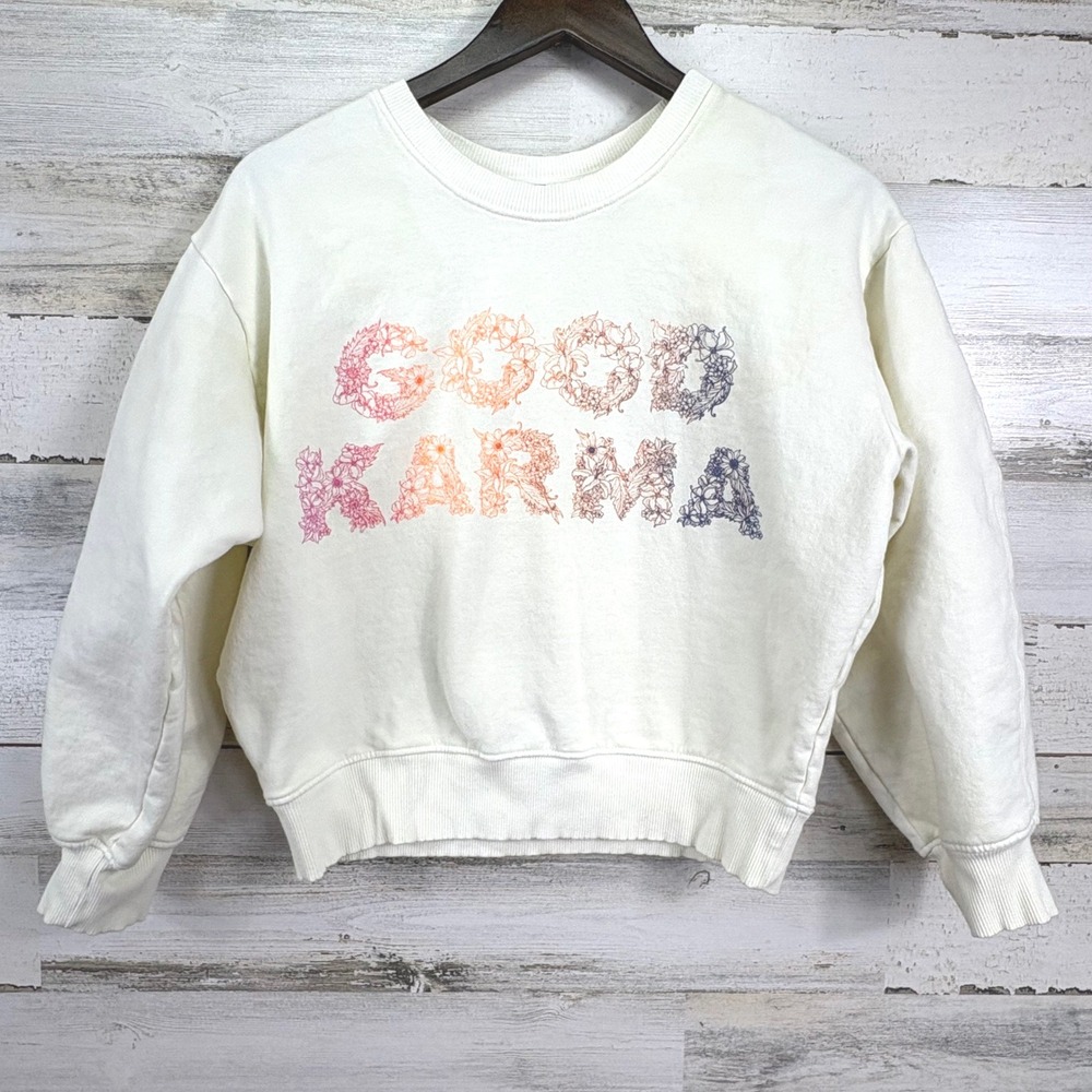 AR-33 Good Karma Inspirational Floral Graphic Sweatshirt Cream Womens Size Small